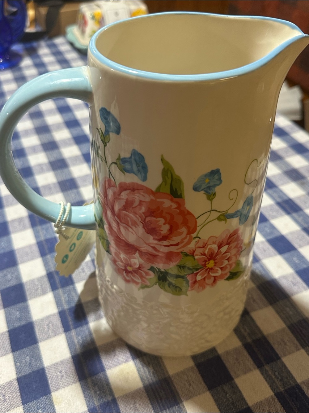 Pioneer Woman - Floral Ceramic Pitcher with Blue Accent - 2 Liter NEW